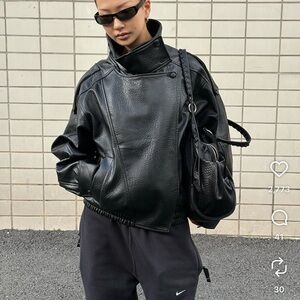 Zara Black Leather Bomber Jacket